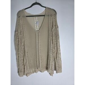 POL Crochet Knit Sweater V-Neck‎ Long Sleeve Bohemian Top Oversized Small